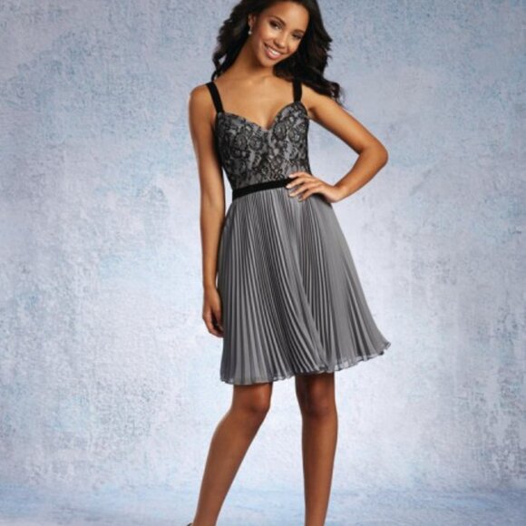 Knee-Length Chiffon & Black Lace Bridesmaids Dress, Charcoal Gey Gray Racerback - Picture 5 of 6